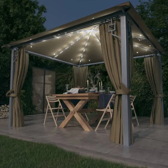 vidaXL Pavillon 300x300 cm med Gardiner og LED-lyskæde, Aluminium Gråbrun