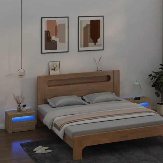 vidaXL Sengeborde med LED-lys 2 stk. 60x35x40 cm Sonoma-eg