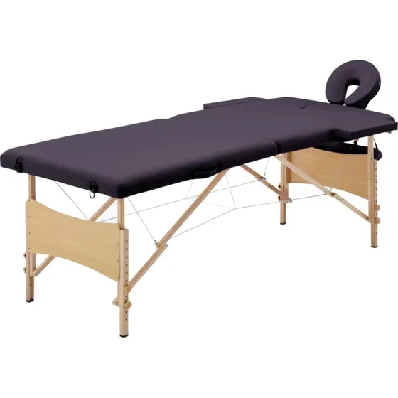 vidaXL sammenfoldeligt massagebord med træstel, 2 zoner, lilla
