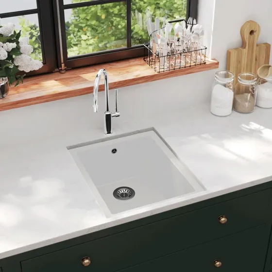 vidaXL Køkkenvask med Overløbshul Granit Hvid 380x460 mm
