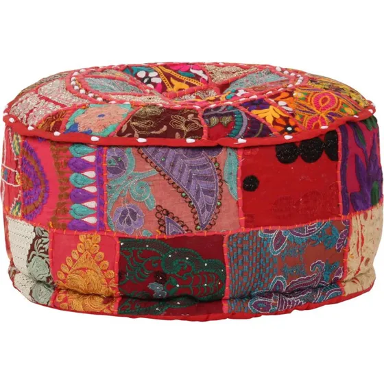 Puffe Med Patchwork Rund Bomuld Håndlavet 40 X 20 Cm - Rød