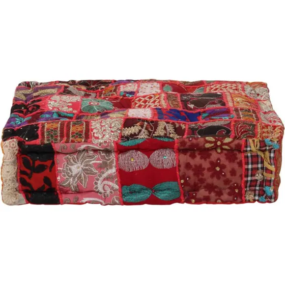 Patchwork Puffe 50x50x12 cm Rød – Håndlavet Bomuld
