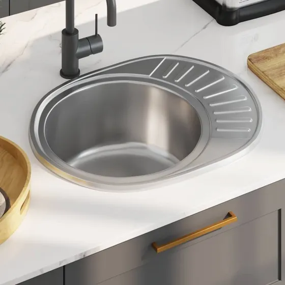 vidaXL oval køkkenvask med strainer og vandlås, rustfrit stål, 570x450 mm