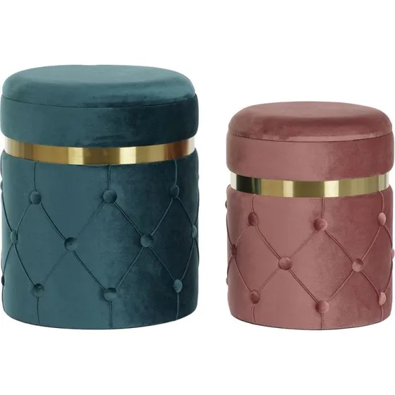 DKD Home Decor Fløjlstaburetter med opbevaring, grøn/rosa/guld, sæt af 2