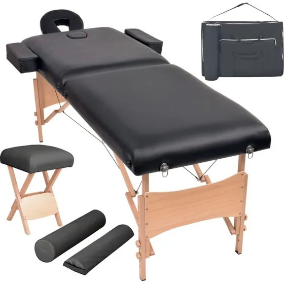 vidaXL foldbart massagebord med skammel 2 zoner, 10 cm tyk, sort