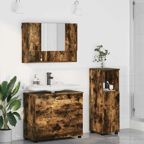 vidaXL Badeværelsesmøbel sæt 3 pcs røget eg, 76,5 x 35 x 64 cm