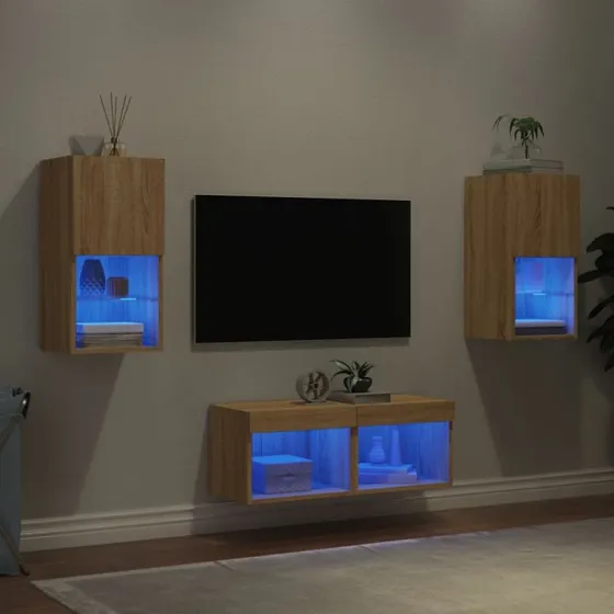vidaXL tv-møbel til væg med LED-lys 4 dele grå sonoma-eg
