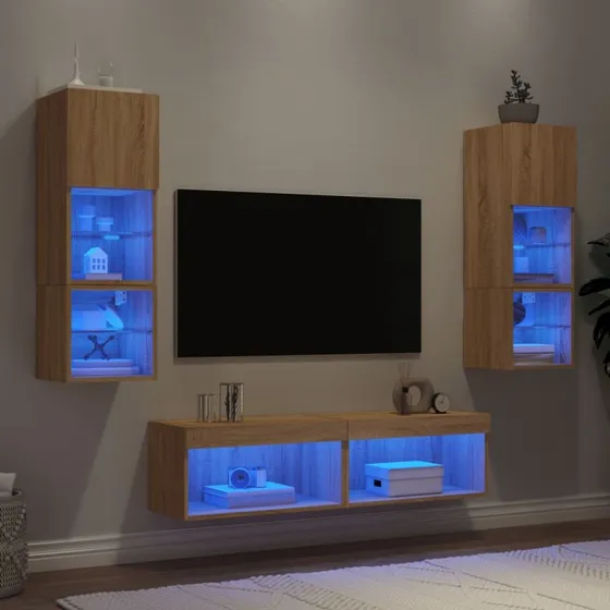 vidaXL Tv-møbel til væg 6 dele, Sonoma-eg, med LED-lys