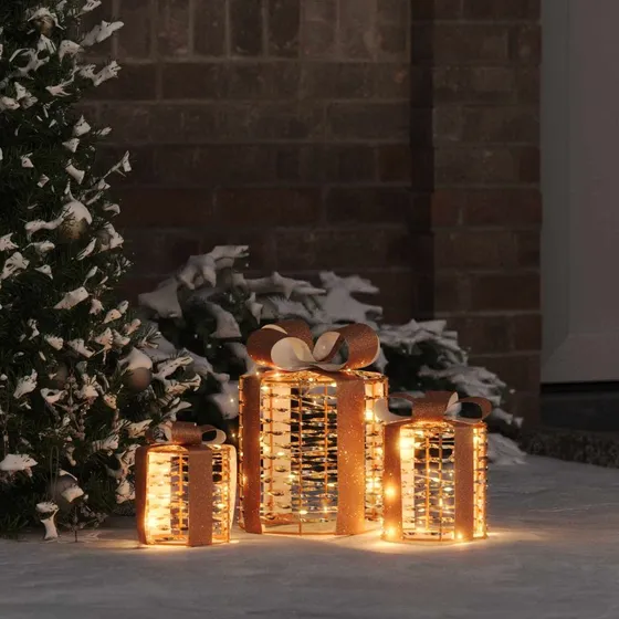 vidaXL Gaveæske Dekoration 3 stk Varm Hvid 20x20x20 cm PET med LED