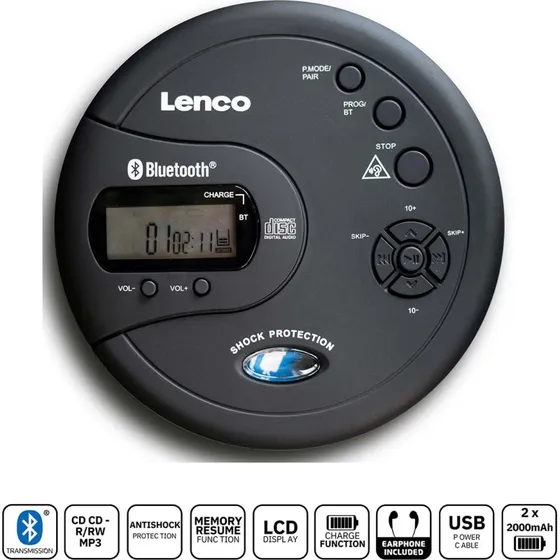 Lenco CD-300BK Bærbar Bluetooth CD-MP3-afspiller med antishock