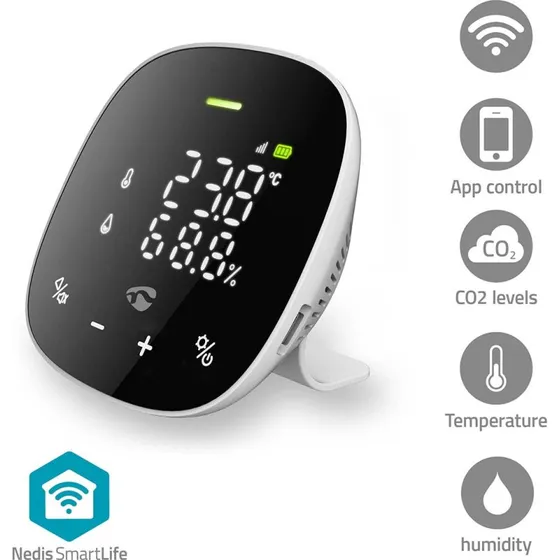 Nedis SmartLife Luftkvalitetsmåler | Wi-Fi | Skærm | CO2/Fugtighed/Temperatur | Sort/Hvid