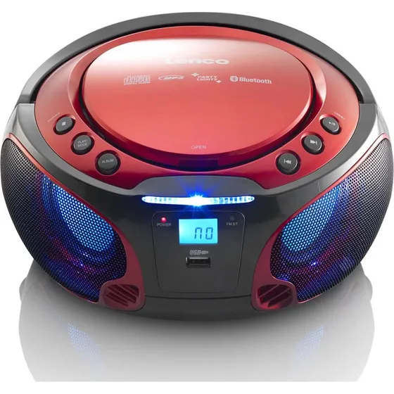 Lenco SCD-550RD Bærbar FM-radio CD/MP3/USB/Bluetooth-afspiller med LED-belysning, rød