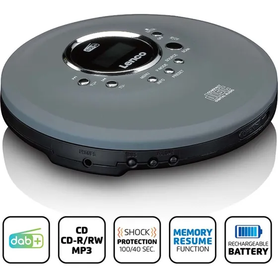Lenco CD-400GY - Bærbar CD/MP3-afspiller med DAB+/FM-radio, Grå