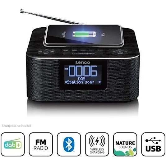 Lenco CR-650BK DAB+ Stereo-clockradio med Bluetooth 5.0 og trådløs opladning