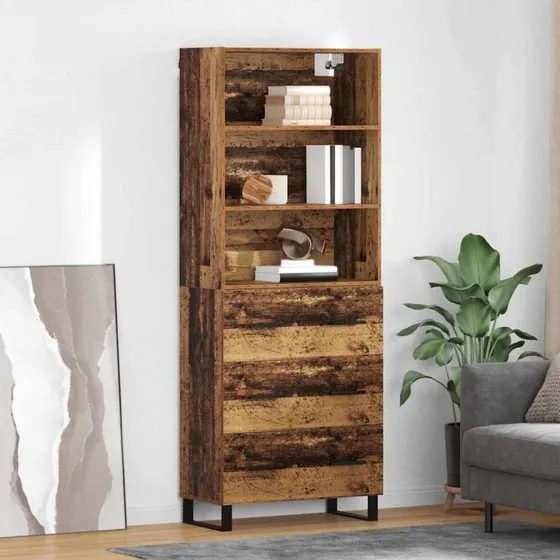 vidaXL Highboard Gammelt Træ 69,5 x 34 x 180 cm med Skuffer og Glasaccent