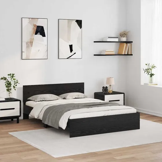 vidaXL Sengestel med hovedgærde, Sort, 140 x 200 cm, Konstrueret træ