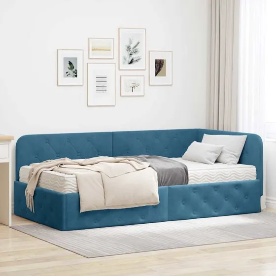 vidaXL Hjørnesengramme Blå 100x200 cm Fløjl