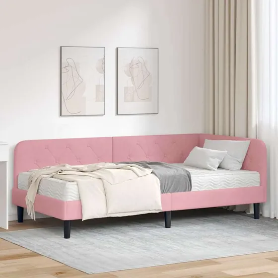 vidaXL Hjørnesengramme Lyserød 100x200 cm Fløjl