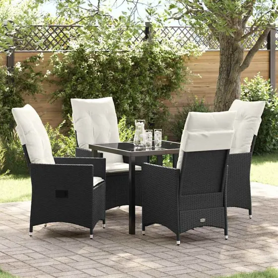 vidaXL Have Spisebordssæt 5 stk med pude Sort polyrattan