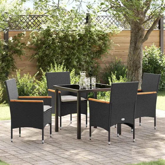 vidaXL Have Spisebordssæt 5 stk Sort Poly Rattan med Puder