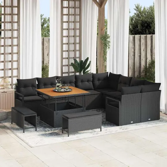 vidaXL Havesofa Sæt 12 stk Sort Polyrattan, Stål & Akacietræ