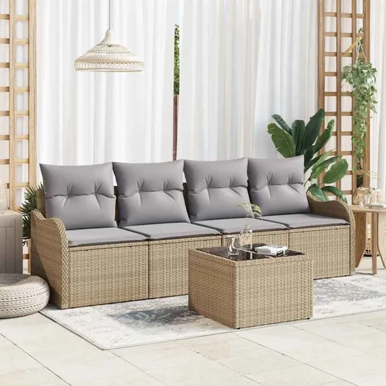 vidaXL Havesofa Sæt 5 pcs Beige og Grå Polyrattan, Stål og Glas