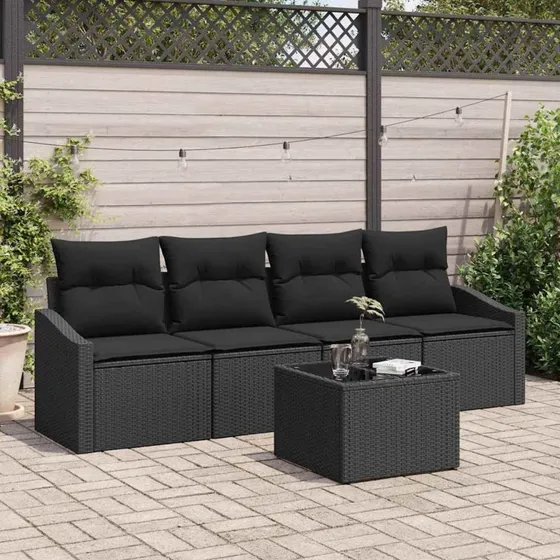 vidaXL 5-pces Havesofa Sæt med Pude, Sort, Polyran