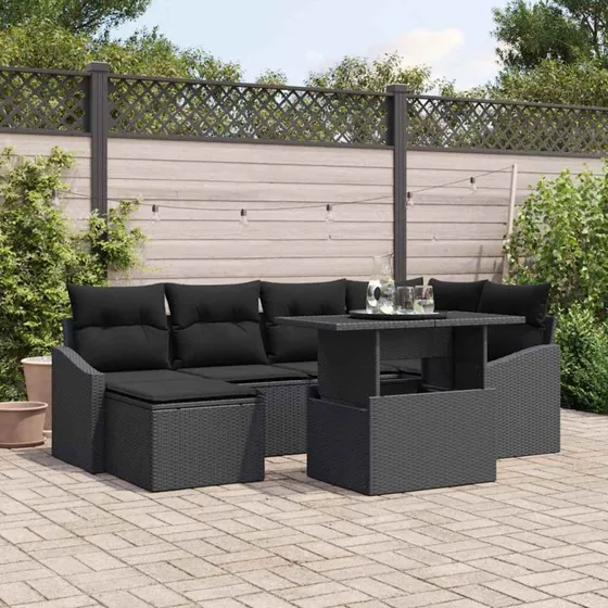 vidaXL Havesofa Sæt 7 stk Sort Polyrattan og pulverlakeret stål