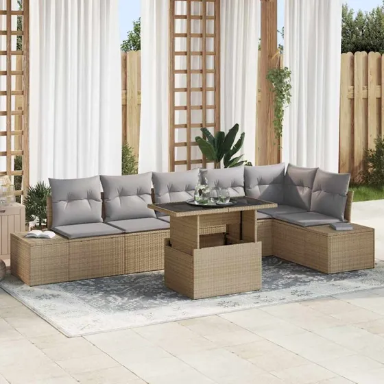 vidaXL Havesofa Sæt 7 pc Beige/Lys Grå Poly Rattan
