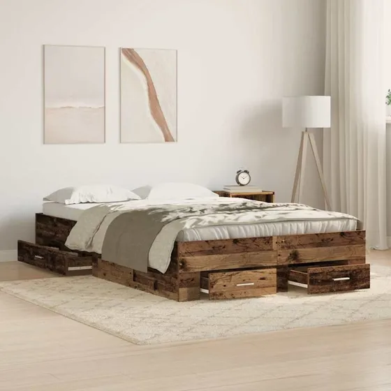 vidaXL Sengestel med skuffer 120 x 190 cm, gammelt træ, konstrueret træ