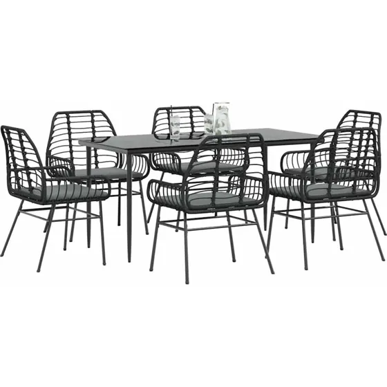 vidaXL 7 dele spisebordssæt polyrattan glas sort
