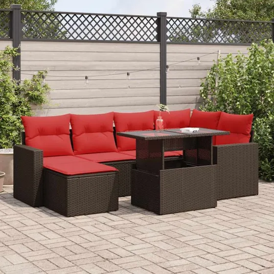 vidaXL 7-delssofasæt med hynder, polyrattan akacietræ brun