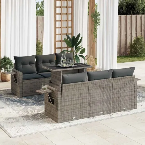 vidaXL 7-deles havesofasæt med hynder i polyrattan grå