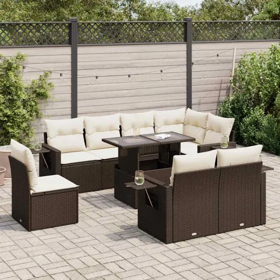 vidaXL 9-deligt polyrattan sofasæt med hynder, brun