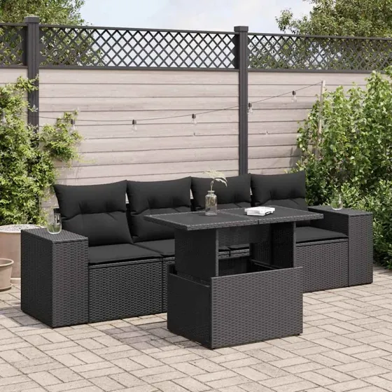 vidaXL 5-delssofasæt med hynder, polyrattan, sort