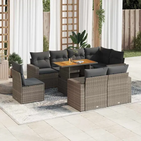 vidaXL 9-delssofasæt med hynder i polyrattan grå