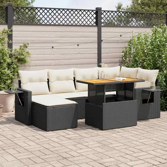 vidaXL 7-deles havesofasæt med hynder, polyrattan, sort