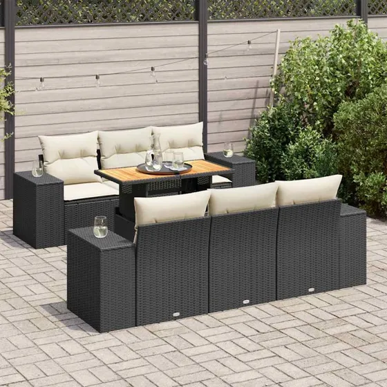 vidaXL 7-deles havesofasæt med hynder i polyrattan, sort