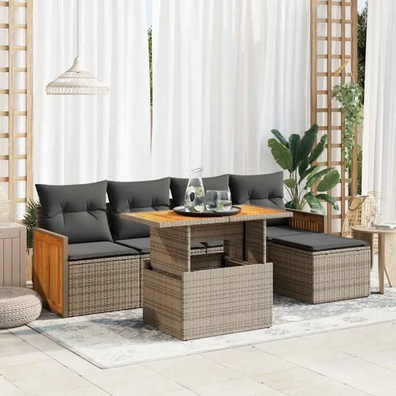 vidaXL 6-delssofasæt med hynder, polyrattan, grå, akacietræ