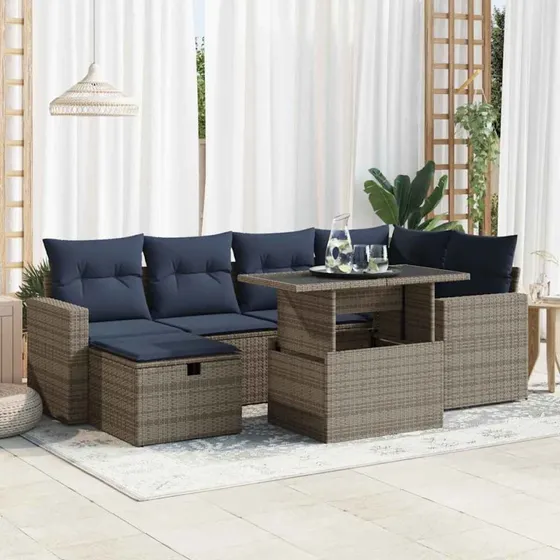 vidaXL 7-deles havesofasæt med hynder i polyrattan og akacietræ, grå