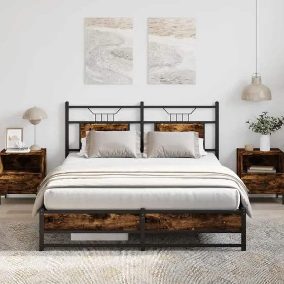 vidaXL Sengeramme 140x190 cm røget eg med sengegavl og opbevaringsplads