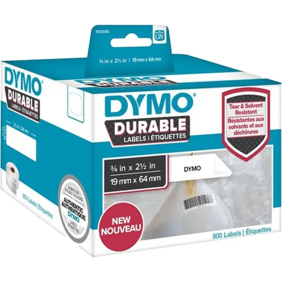 DYMO LW Durable Stregkodeetiketter 19mm x 64mm, 900 stk, Hvid på Sort
