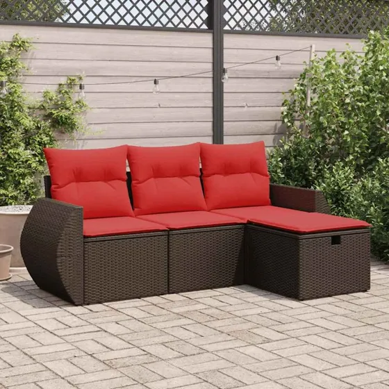 vidaXL 4-deles havesofasæt med hynder i polyrattan brun