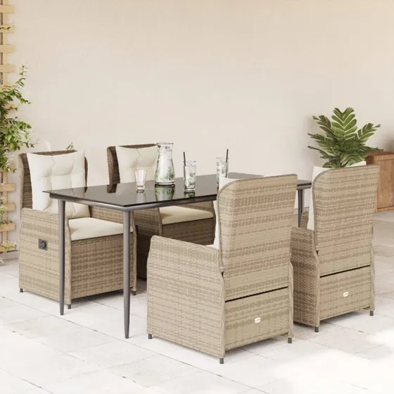 vidaXL 5-deligt spisebordssæt med hynder i polyrattan beige