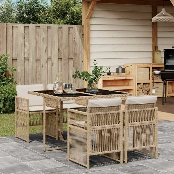 vidaXL 5-deles spisebordssæt med hynder i polyrattan beige