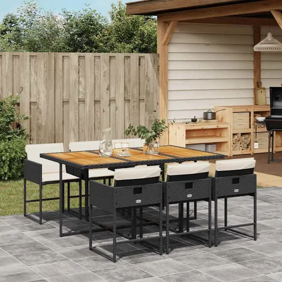 vidaXL 7-deligt spisebordssæt med hynder, polyrattan sort