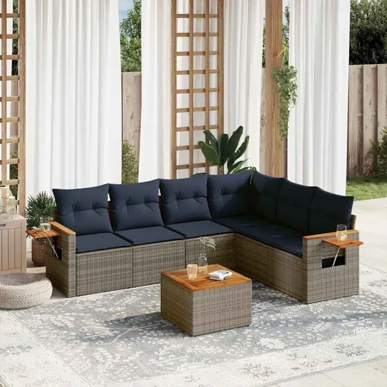 vidaXL 7-delsofasæt med hynder i polyrattan grå