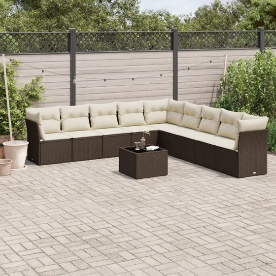 vidaXL 10-delssofasæt med hynder i polyrattan brun