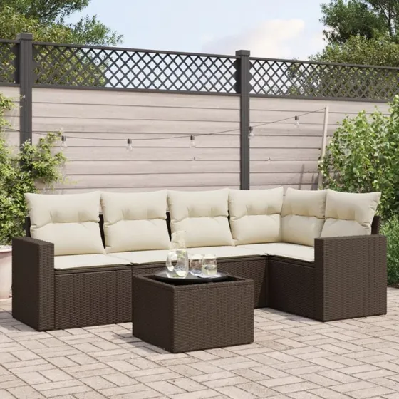 vidaXL 6-delssofasæt med hynder polyrattan brun