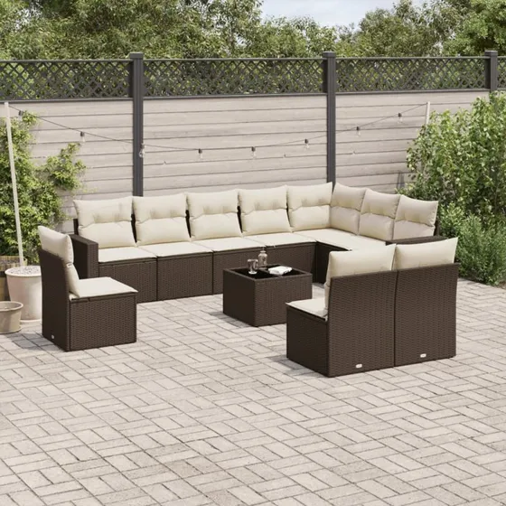 vidaXL 11-delssæt med hynder, polyrattan brun
